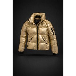 SAM. New York Gold Metallic Down Puffer‎ Jacket Womens Small Apres Ski Coat